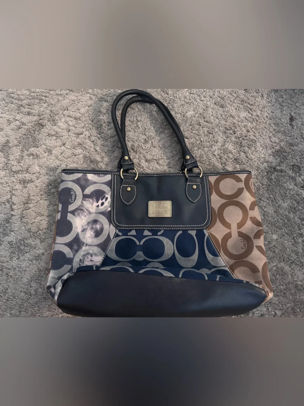 Coach EST. 1941 Patchwork Signature Canvas Leather Tote Purse Brown Blue Black - Picture 1 of 6